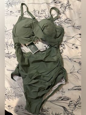 Olive Green Ruched One-Piece Swimsuit- Medium